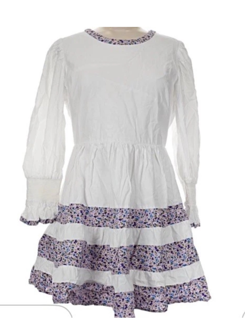 Pomander Place Dress Womens M White Blue Purple Floral Cotton Blouson Boho